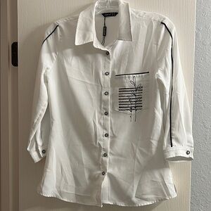 Jolie White Button-Up Blouse with Black Accents